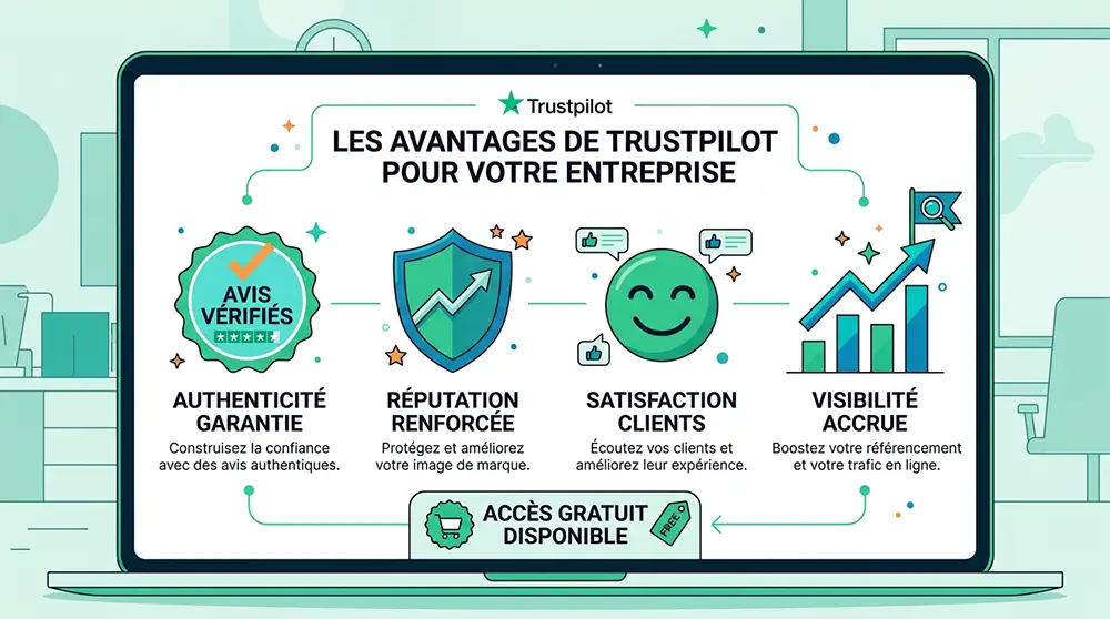 Infographie des avantages de Trustpilot pour les entreprises : authenticité garantie, réputation renforcée et visibilité en ligne accrue