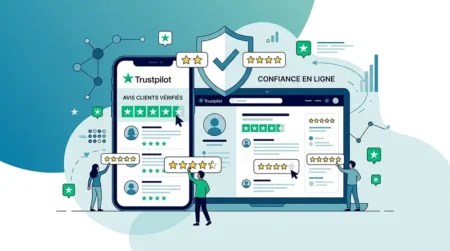 Trustpilot : zoom sur la plateforme d’avis leader Plateforme Trustpilot avec écrans affichant des avis clients vérifiés, étoiles vertes et symboles de confiance en ligne