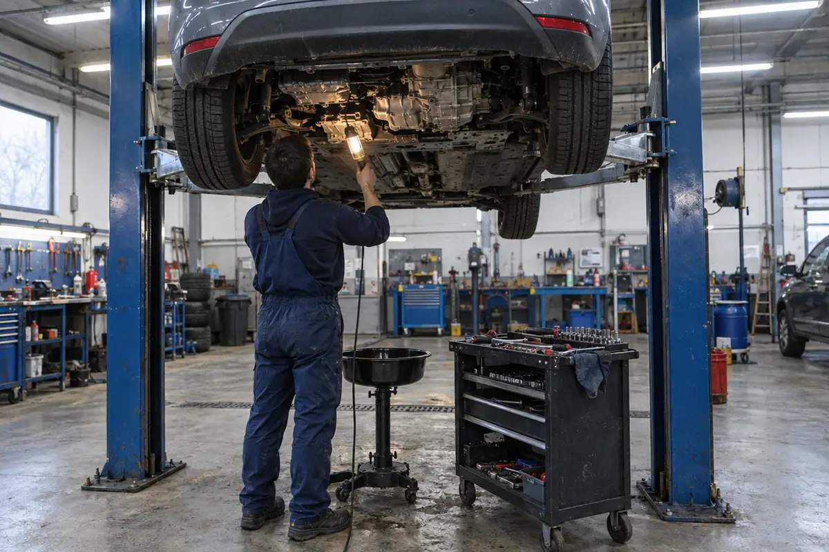 Mécanicien contrôlant la boîte hybride d'une Clio 5 E-Tech sur un pont élévateur en atelier
