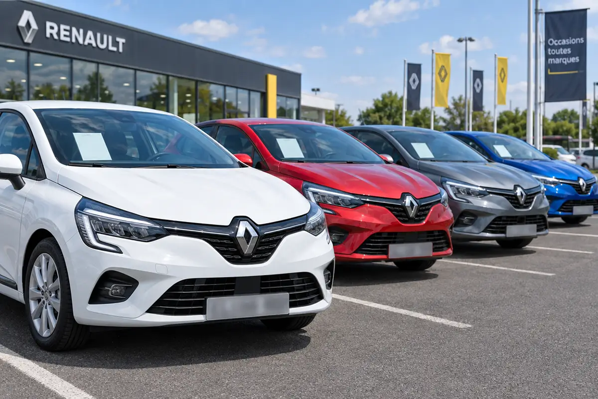 Rangée de Renault Clio 5 d'occasion de différentes couleurs sur le parc d'un concessionnaire