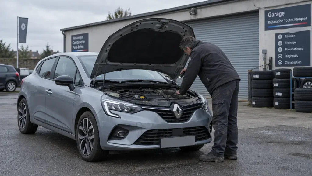 Clio 5 d’occasion : ce qu’on lui reproche et ce qu’il faut vérifier avant d’acheter Renault Clio 5 d'occasion garée sur le parking d'un vendeur, capot ouvert pendant une inspection