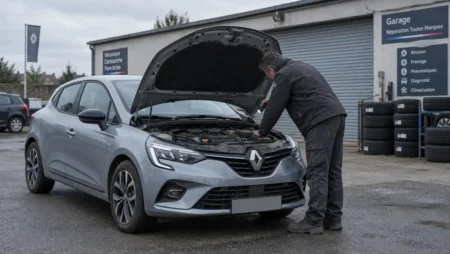 Renault Clio 5 d'occasion garée sur le parking d'un vendeur, capot ouvert pendant une inspection