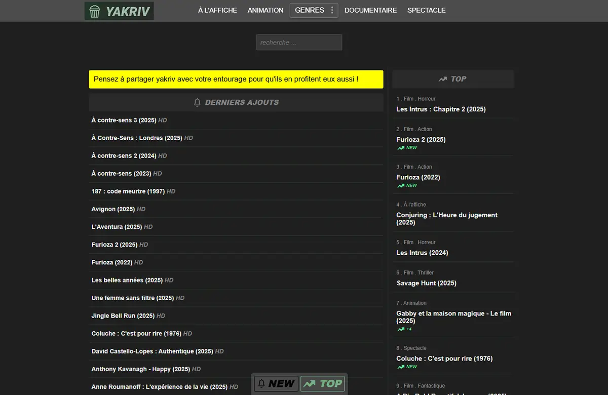 Yakriv screenshot de la plateforme de streaming