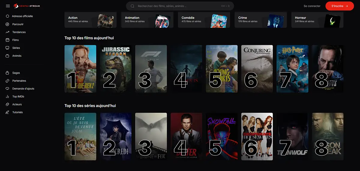 Capture d'écran de la page d'accueil de Senpai Stream