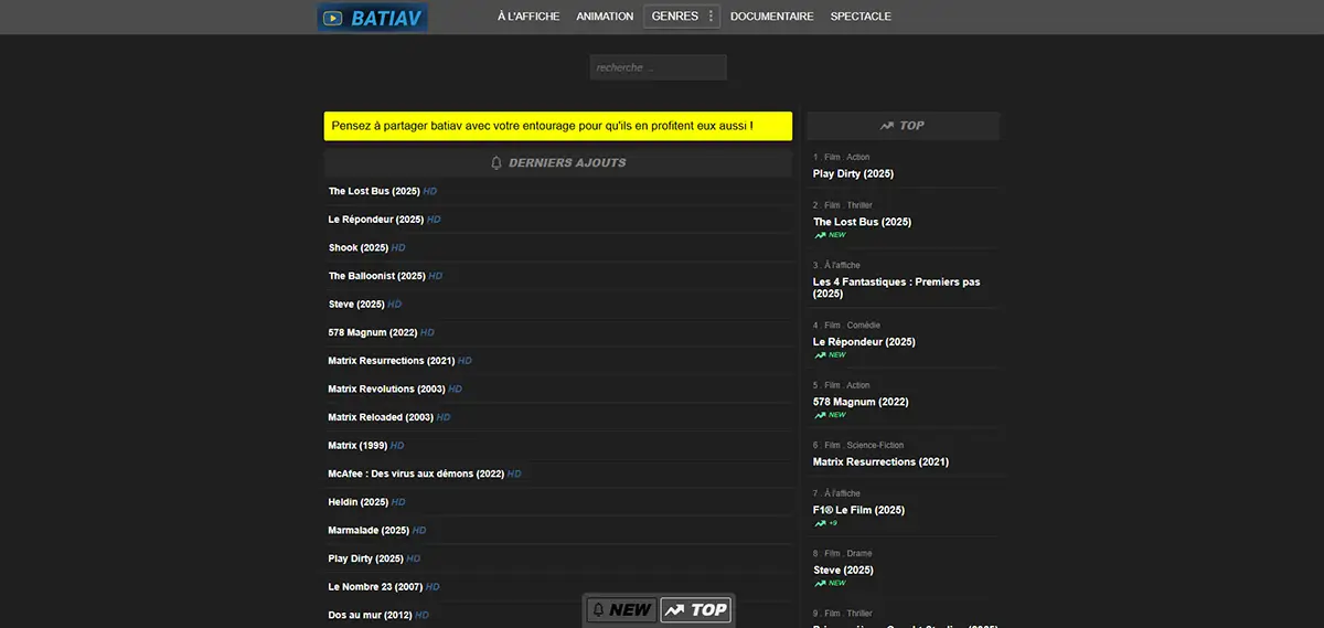 Batiav page principale et liste du contenu