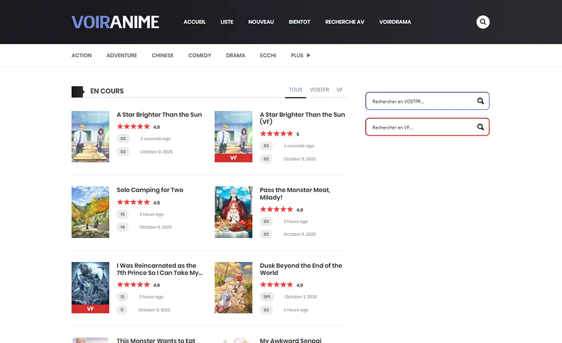 Capture d'écran du site Voiranime