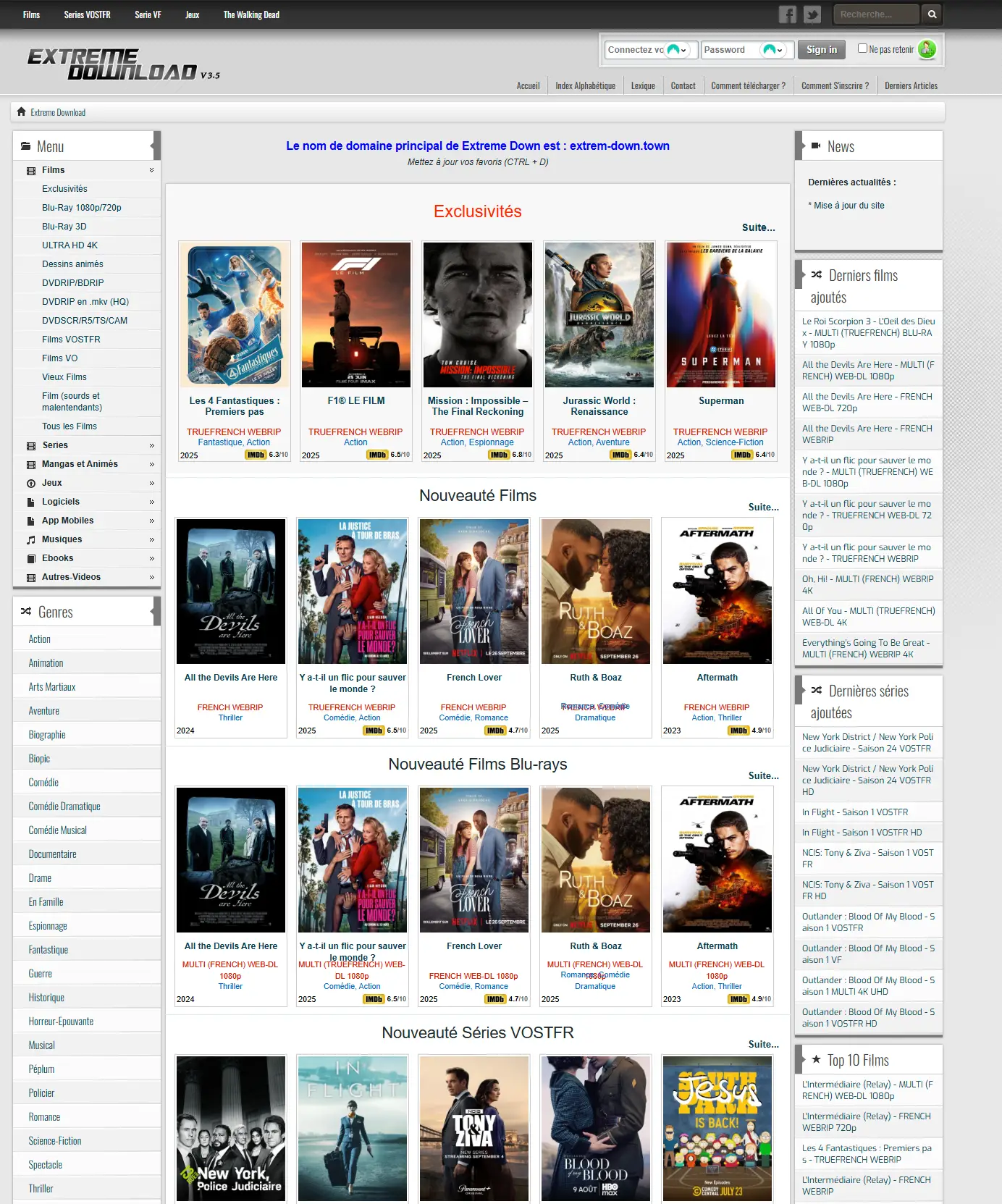 Extreme Down capture de la page d'accueil