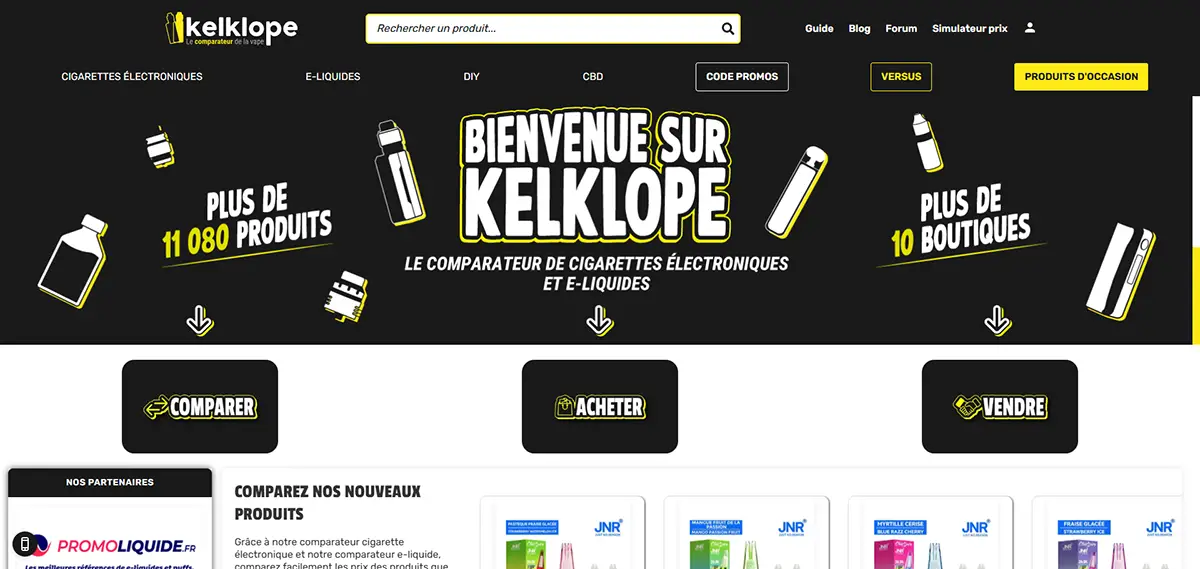 Kelklope , capture d'écran du site de cigarettes electroniques