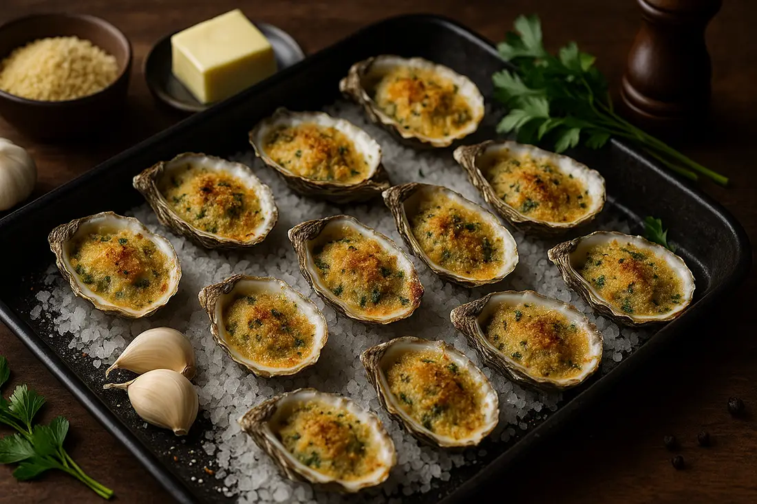 Huîtres gratinées au beurre d'ail et persil ( recette )