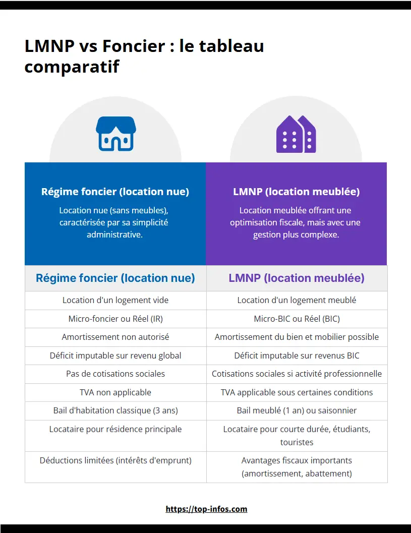 Infographie comparative du statut LMNP (location meublée) et du régime foncier (location nue), détaillant les différences clés en fiscalité, amortissement et charges déductibles pour un bailleur privé.