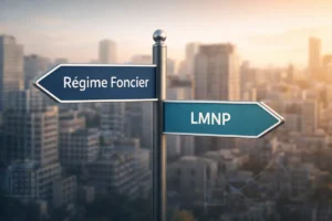 Statut du bailleur privé 2026 : Faut-il passer au LMNP ou rester au foncier ? Panneau directionnel symbolisant le choix de statut fiscal pour un bailleur privé entre le Régime Foncier et le LMNP, sur fond d'une ville évoquant l'investissement immobilier.