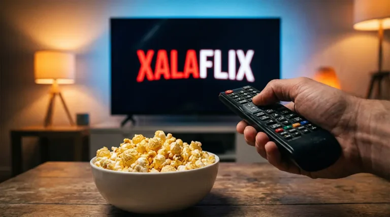 XalaFlix : nouvelle adresse en janvier 2026 Nouvelle adresse Xalaflix 2026 sur écran TV avec télécommande et popcorn pour une soirée streaming et IPTV