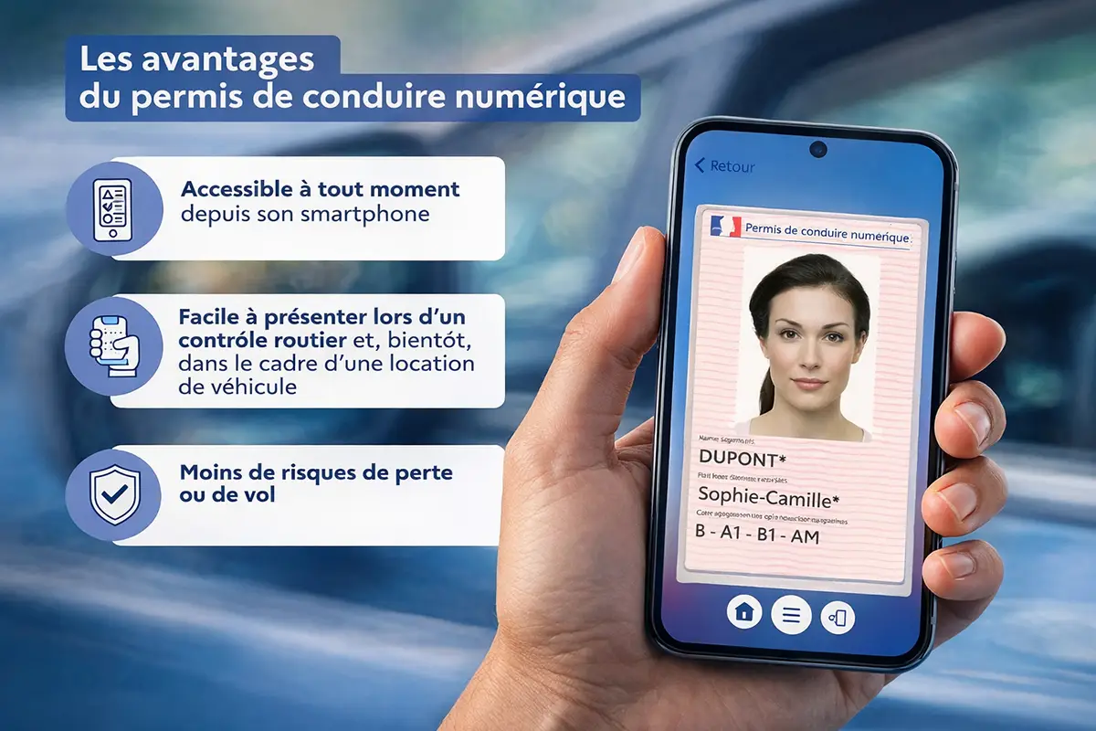 Infographie listant les avantages du permis de conduire numérique sur l'application France Identité : accessible sur smartphone, facile à présenter lors d'un contrôle routier, et moins de risques de perte ou de vol.