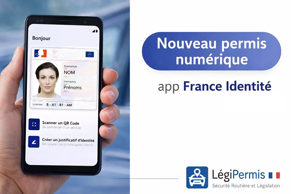 Visuel de présentation du nouveau permis de conduire numérique disponible sur l'application France Identité, montrant l'interface du permis sur un smartphone.