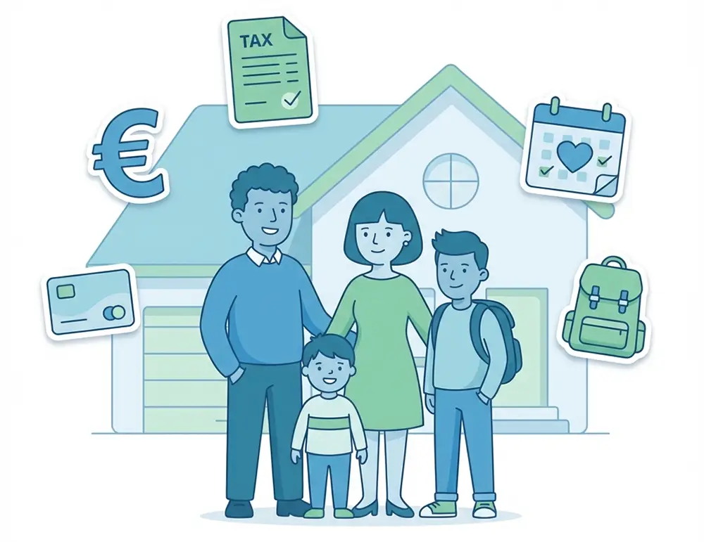 Illustration montrant une famille française devant une maison, avec des icônes graphiques flottantes représentant le budget de la rentrée scolaire