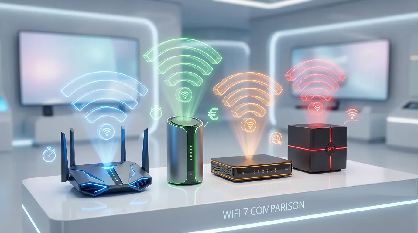 Comparaison visuelle des routeurs WiFi 7 des quatre opérateurs français : Free Freebox (bleu), Bouygues Bbox (vert), Orange Livebox (orange) et SFR Box 10+ (rouge)