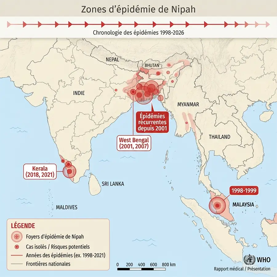 Carte géographique montrant les foyers épidémiques du virus Nipah en Malaisie, Bangladesh et Inde entre 1999 et 2026