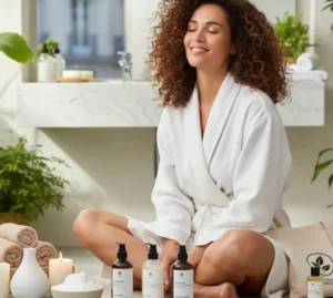 Pourquoi la « Clean Beauty » capillaire n’est plus une option, mais une nécessité Jeune femme souriante, avec de magnifiques cheveux bouclés, assise en tailleur, en peignoir, et des produits de beauté sur le sol