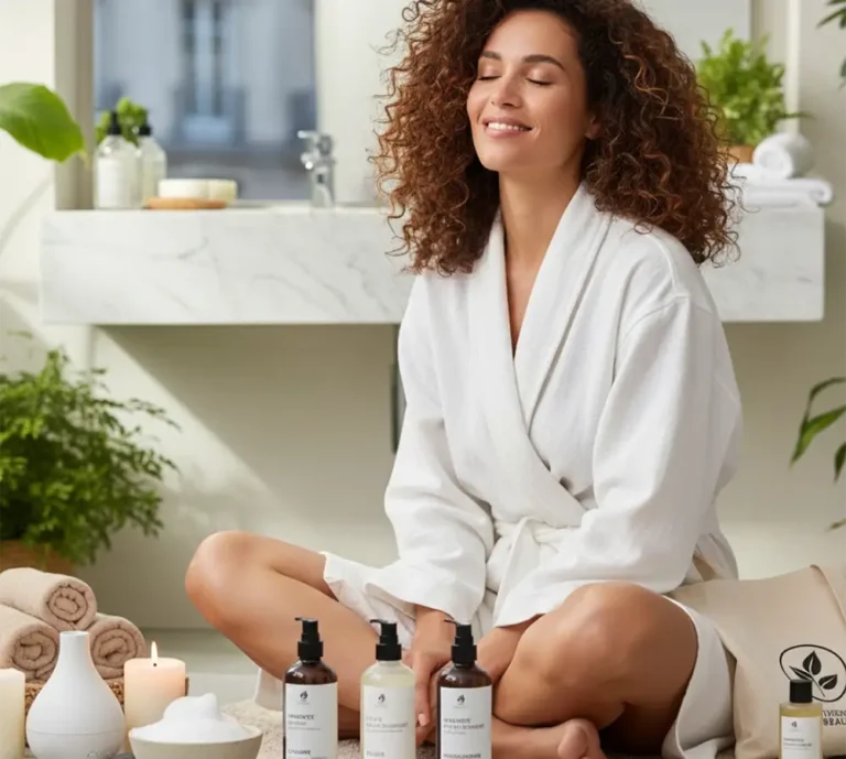 Jeune femme souriante, avec de magnifiques cheveux bouclés, assise en tailleur, en peignoir, et des produits de beauté sur le sol