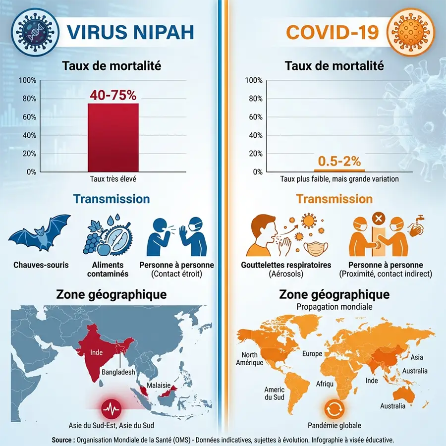 Infographie comparative entre le virus Nipah et le COVID-19 montrant les différences de taux de mortalité et de contagiosité