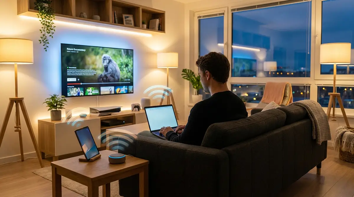 Vue arrière d'une personne assise sur un canapé moderne utilisant un laptop dans un salon contemporain en soirée. Autour d'elle, plusieurs appareils connectés (TV, smartphone, tablette, console) reliés par des ondes WiFi lumineuses subtiles créant une atmosphère harmonieuse et technologique