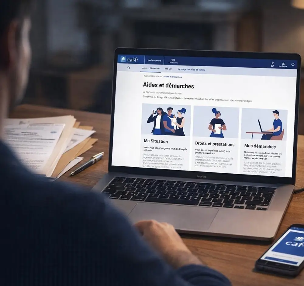 Personne vue de dos devant un ordinateur portable et consultant le site CAF.fr sur l'écran. Smartphone à côté avec l'application CAF ouverte, illustrant les démarches pour obtenir l'ARS 2026
