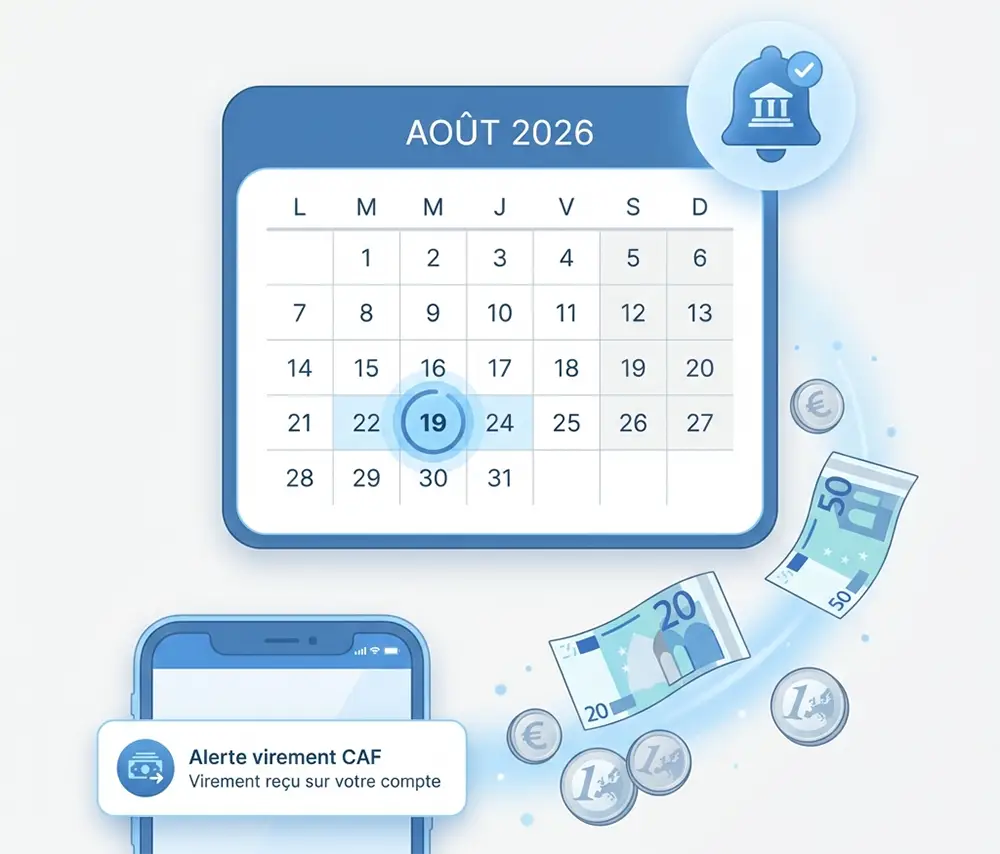 Infographie illustrée d'un calendrier du mois d'août 2026 avec le 19 encerclé en surbrillance, icône de notification bancaire, smartphone montrant une alerte de virement de l'ARS par la CAF