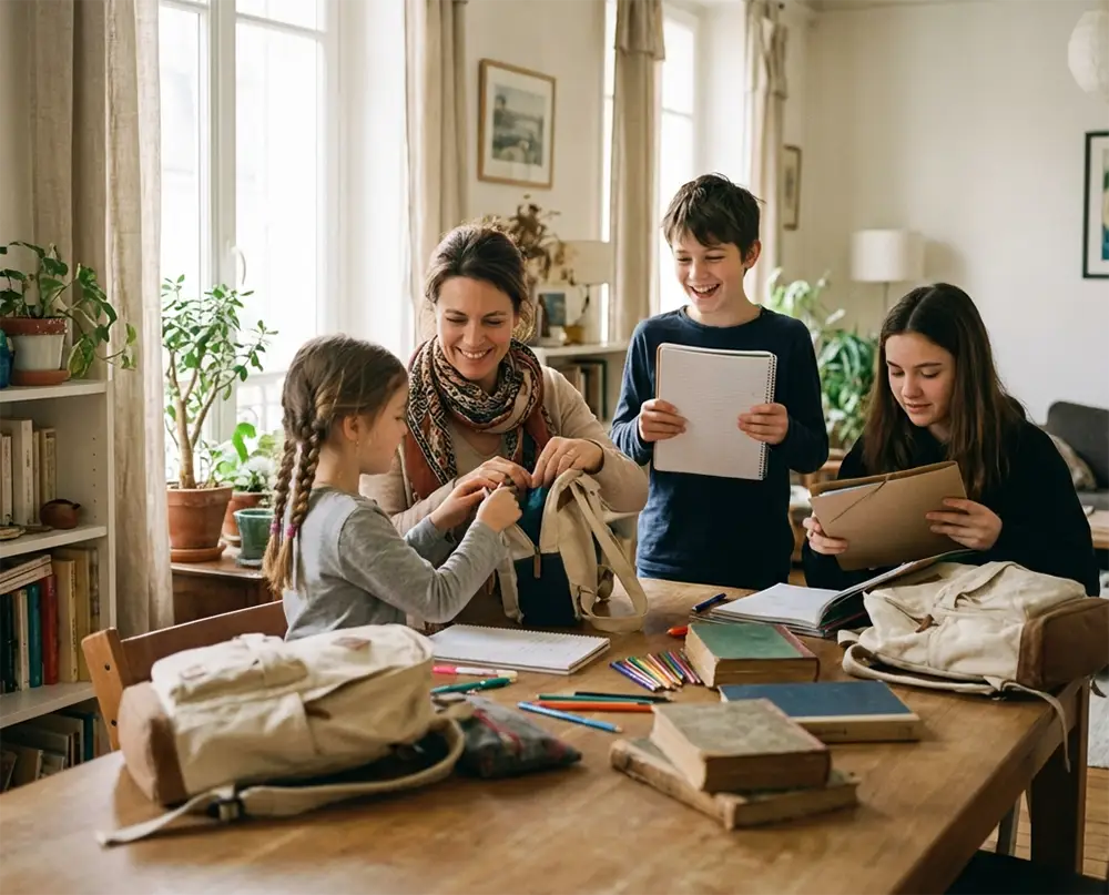 mère souriante avec ses trois enfants d'âges différents préparant ensemble la rentrée scolaire dans un salon lumineux