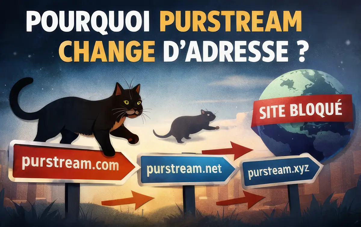Illustration expliquant le changement fréquent d’adresse du site Purstream, avec des domaines successifs bloqués et le principe du chat et de la souris.