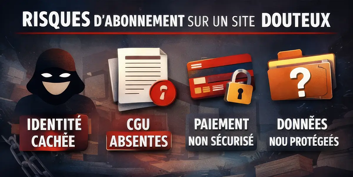 Illustration des principaux risques d’abonnement sur un site de streaming non officiel : identité cachée, CGU absentes, paiement non sécurisé et données personnelles mal protégées.