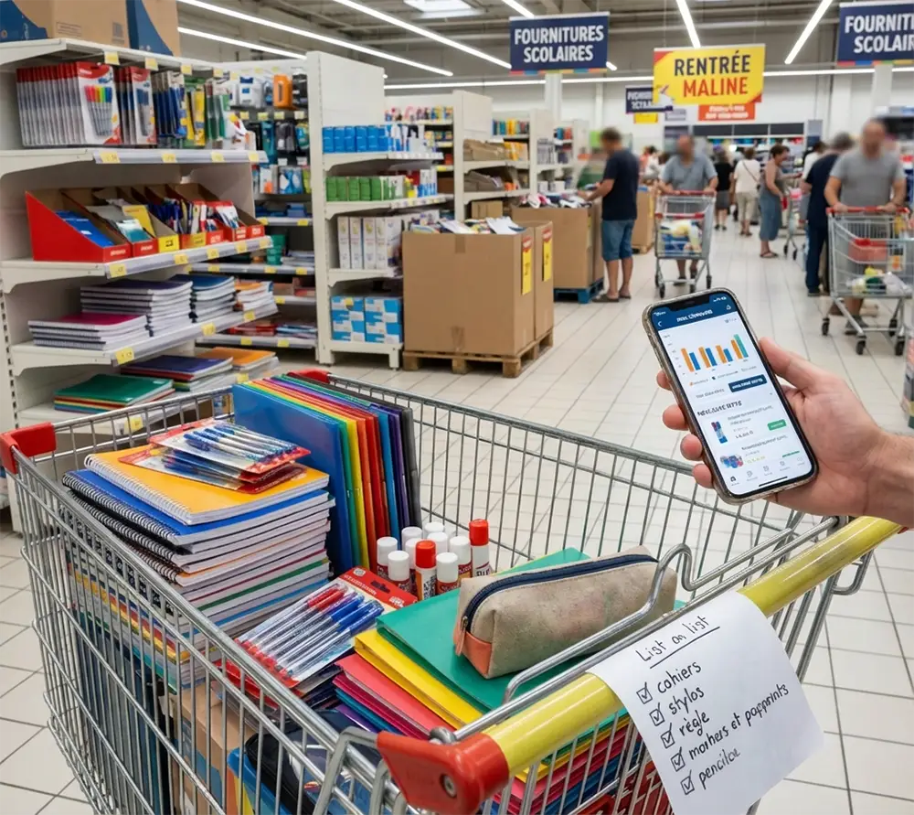 Caddie dans une magasin avec fournitures scolaires à bon prix. La personne regarde une application de comparaison de prix sur son téléphone et a une liste de courses manuscrite.