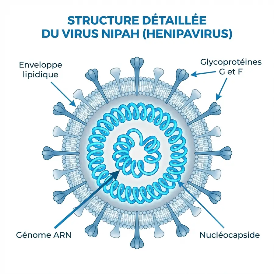 Schéma scientifique de la structure du virus Nipah montrant son ARN et ses protéines d'enveloppe