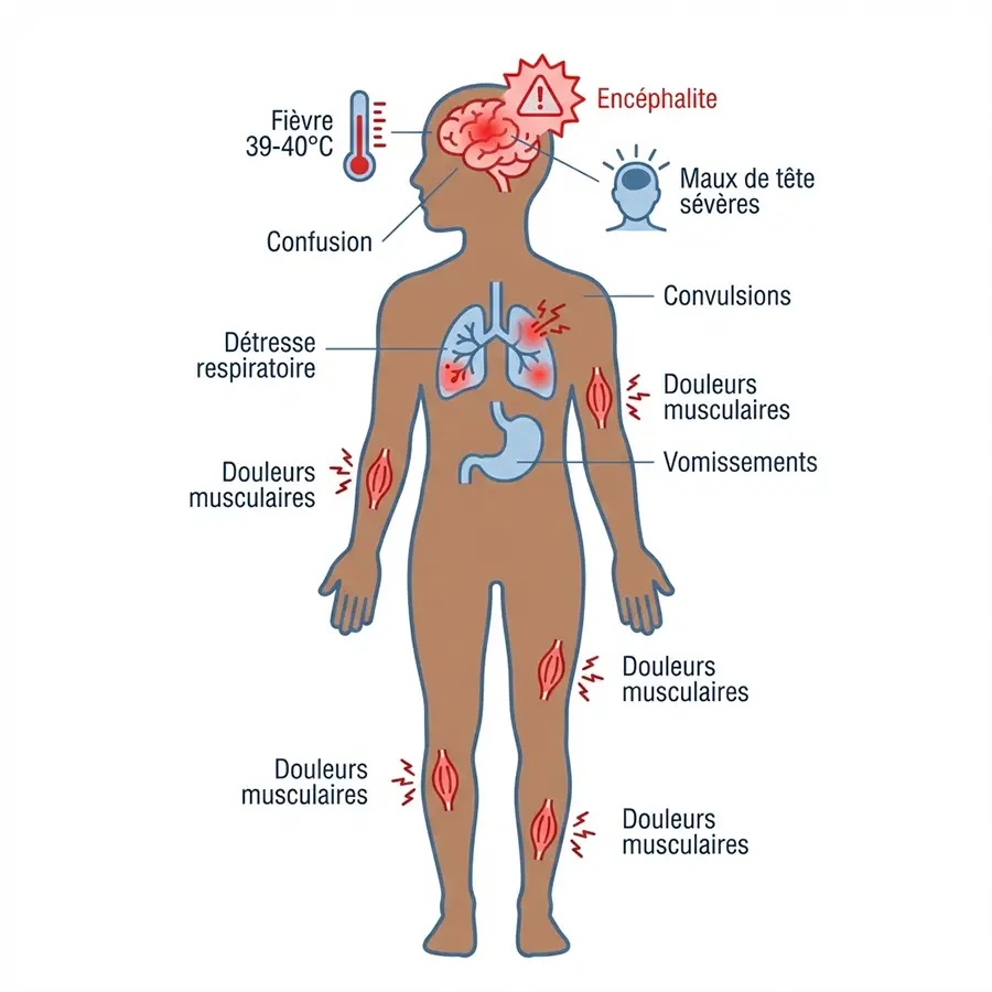 Infographie médicale présentant les symptômes du virus Nipah incluant fièvre, céphalées, encéphalite et détresse respiratoire