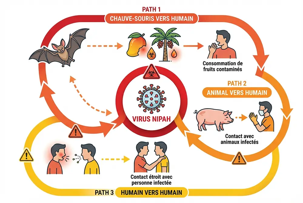 Schéma explicatif des trois voies de transmission du virus Nipah : de la chauve-souris à l'homme, de l'animal à l'homme et d'homme à homme