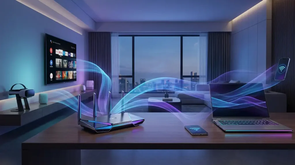 Routeur WiFi moderne avec éclairage LED bleu/violet et visualisation artistique des ondes WiFi connectant les appareils connectés (laptop, smartphone, TV, VR) dans un environnement intérieur contemporain épuré