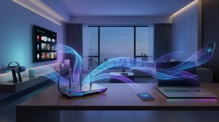 Routeur WiFi moderne avec éclairage LED bleu/violet et visualisation artistique des ondes WiFi connectant les appareils connectés (laptop, smartphone, TV, VR) dans un environnement intérieur contemporain épuré