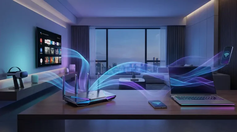 Routeur WiFi moderne avec éclairage LED bleu/violet et visualisation artistique des ondes WiFi connectant les appareils connectés (laptop, smartphone, TV, VR) dans un environnement intérieur contemporain épuré
