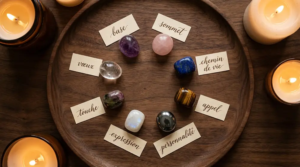 Huit pierres naturelles polies disposées en cercle avec des étiquettes indiquant leur rôle dans le bracelet chemin de vie
