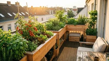 Jardinage urbain : Créer un potager sur son balcon en permaculture Balcon urbain avec potager en permaculture luxuriant