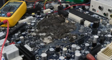 Carte mère HS : symptômes, diagnostic et réparations efficaces Carte mère défectueuse avec composants électroniques et outils de diagnostic