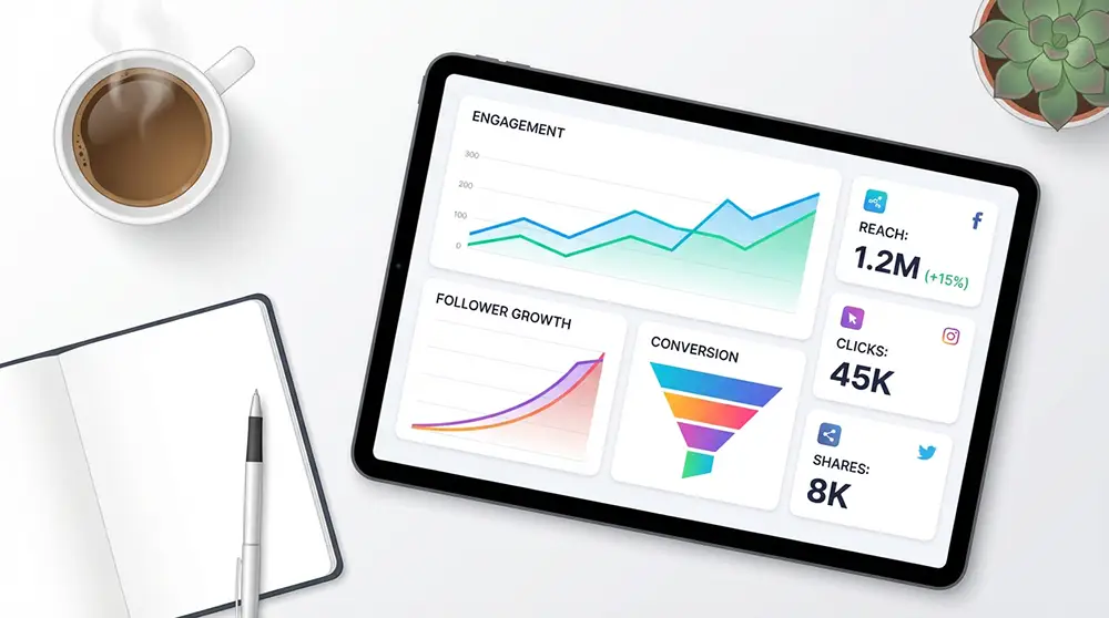 Écran affichant des graphiques d'analyse de performance et KPI de réseaux sociaux avec courbes d'engagement et de conversion