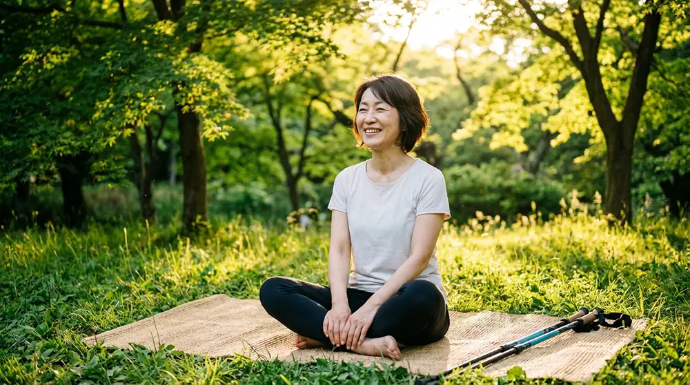Femme détendue et sereine assise après une séance de marche japonaise dans un parc verdoyant, sourire naturel et apaisé, lumière dorée de fin d'après-midi, expression de plénitude et accomplissement personnel