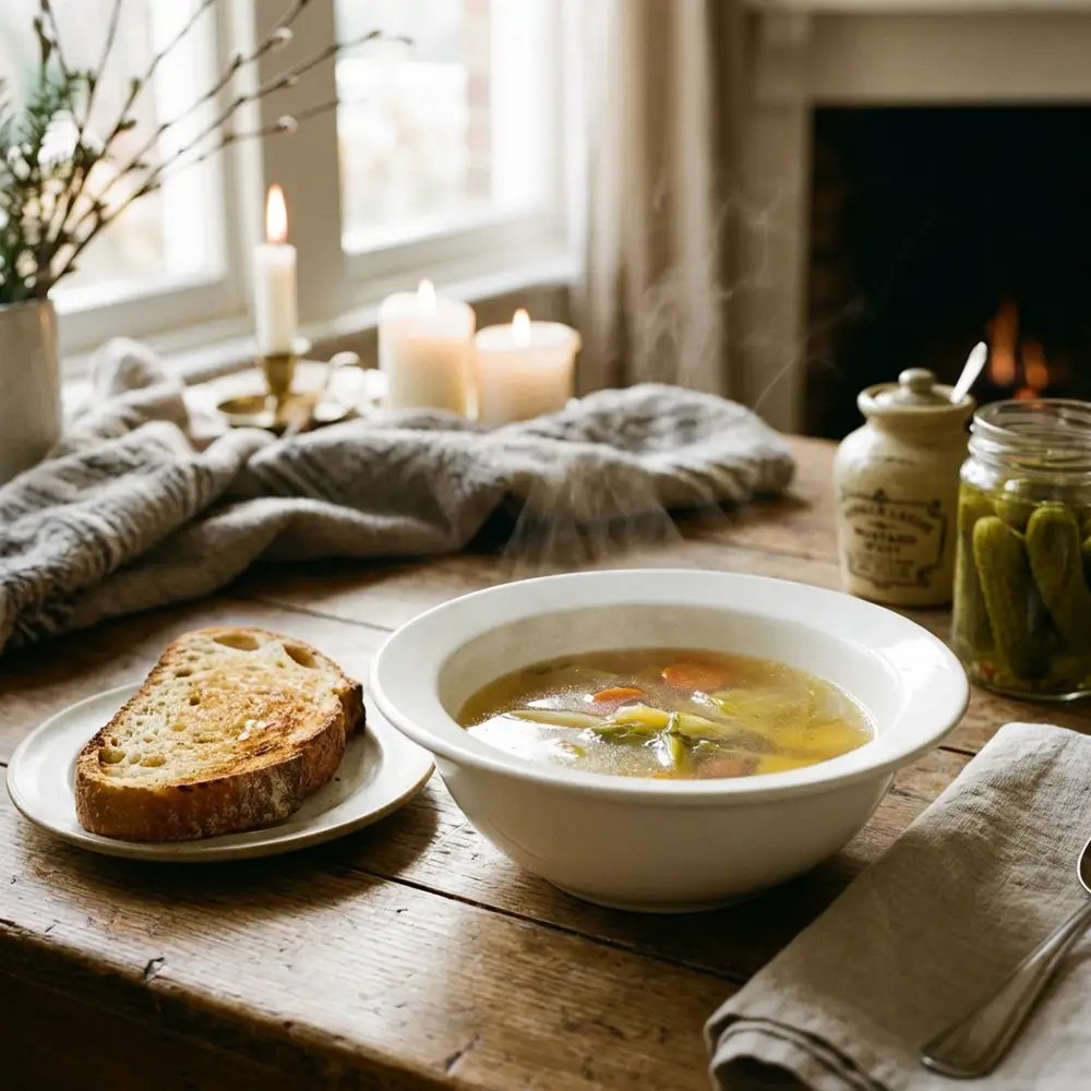 Bol de bouillon de pot-au-feu clair et doré accompagné d'une tranche de pain de campagne grillé, avec moutarde et cornichons en arrière-plan