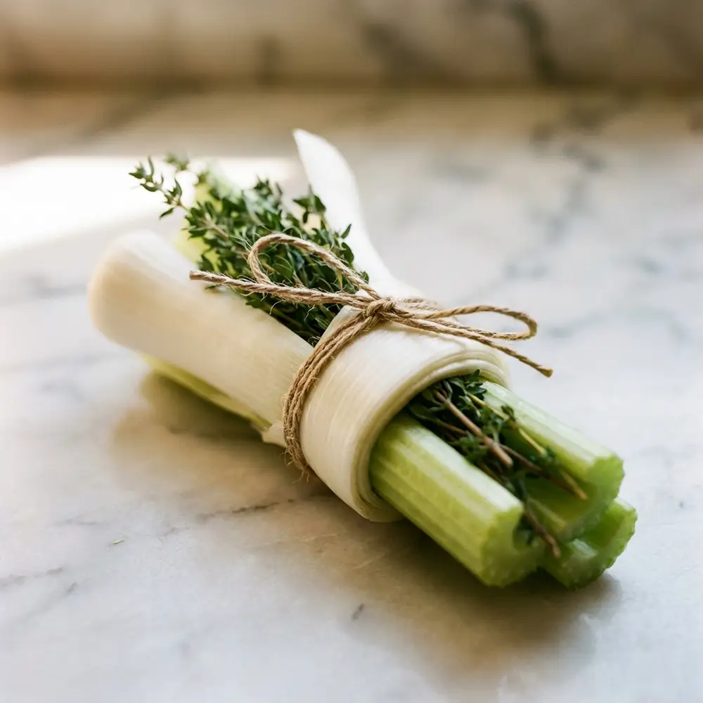 Gros plan sur un bouquet garni fait maison : blancs de poireau enroulés autour de branches de céleri et de thym, ficelés avec de la ficelle de cuisine