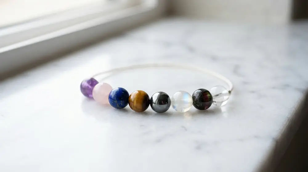 Guide complet : Bracelet chemin de vie : comment calculer votre chemin de vie et comprendre sa signification ? Bracelet chemin de vie avec 8 pierres naturelles dont améthyste, quartz rose, lapis-lazuli et œil de tigre posé sur une surface en marbre blanc