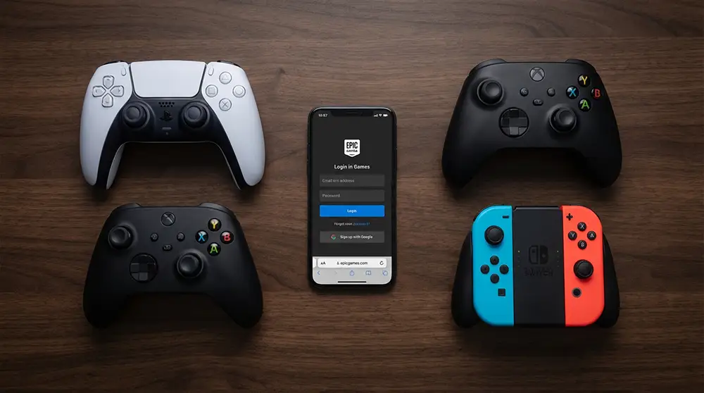anettes PlayStation, Xbox et Nintendo Switch posées à côté d'un smartphone affichant la page de connexion Epic Games