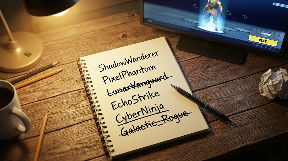 Carnet avec plusieurs idées de pseudos gaming écrits à la main sur un bureau, écran Fortnite flou en arrière-plan