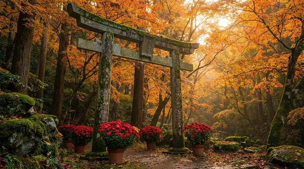 Chrysanthèmes rouges déposés au pied d'un torii en pierre dans un sanctuaire shinto entouré de forêt en automne