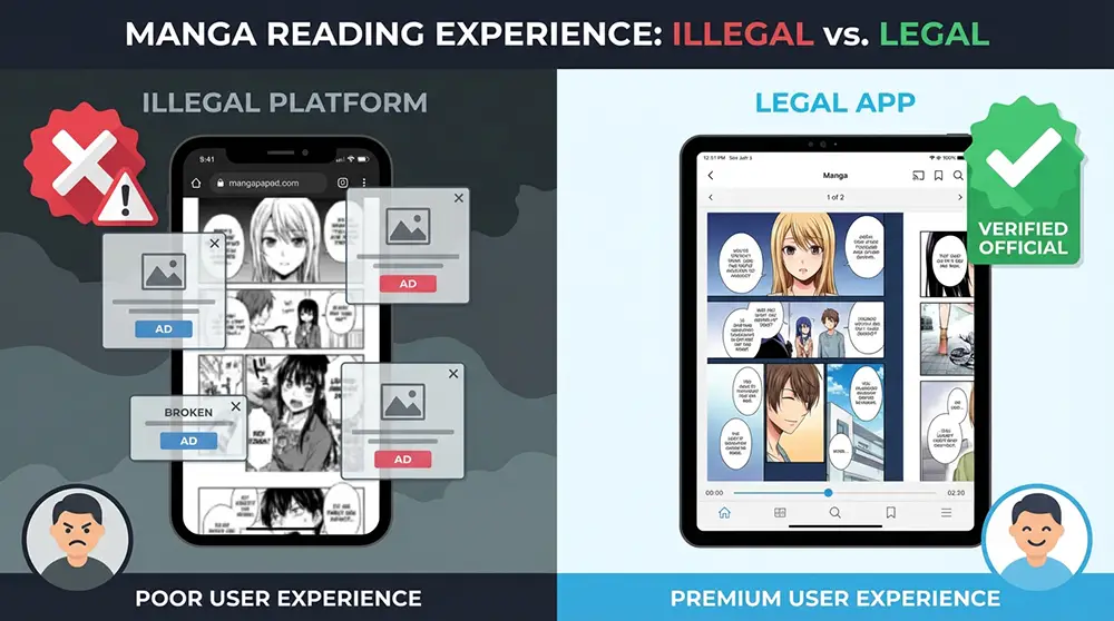 Illustration comparative entre un site de scan manga illégal sombre avec des publicités et une plateforme légale claire en haute définition
