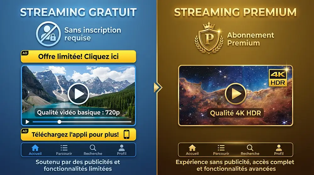 Illustration comparative entre une plateforme de streaming gratuit avec publicités et un service payant premium en 4K